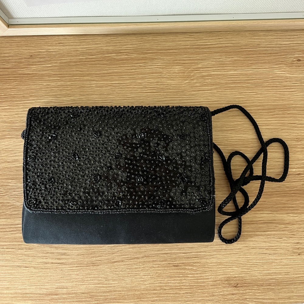 Vintage 1970s Black Evening Bag with Black Sequins Crossbody or Clutch